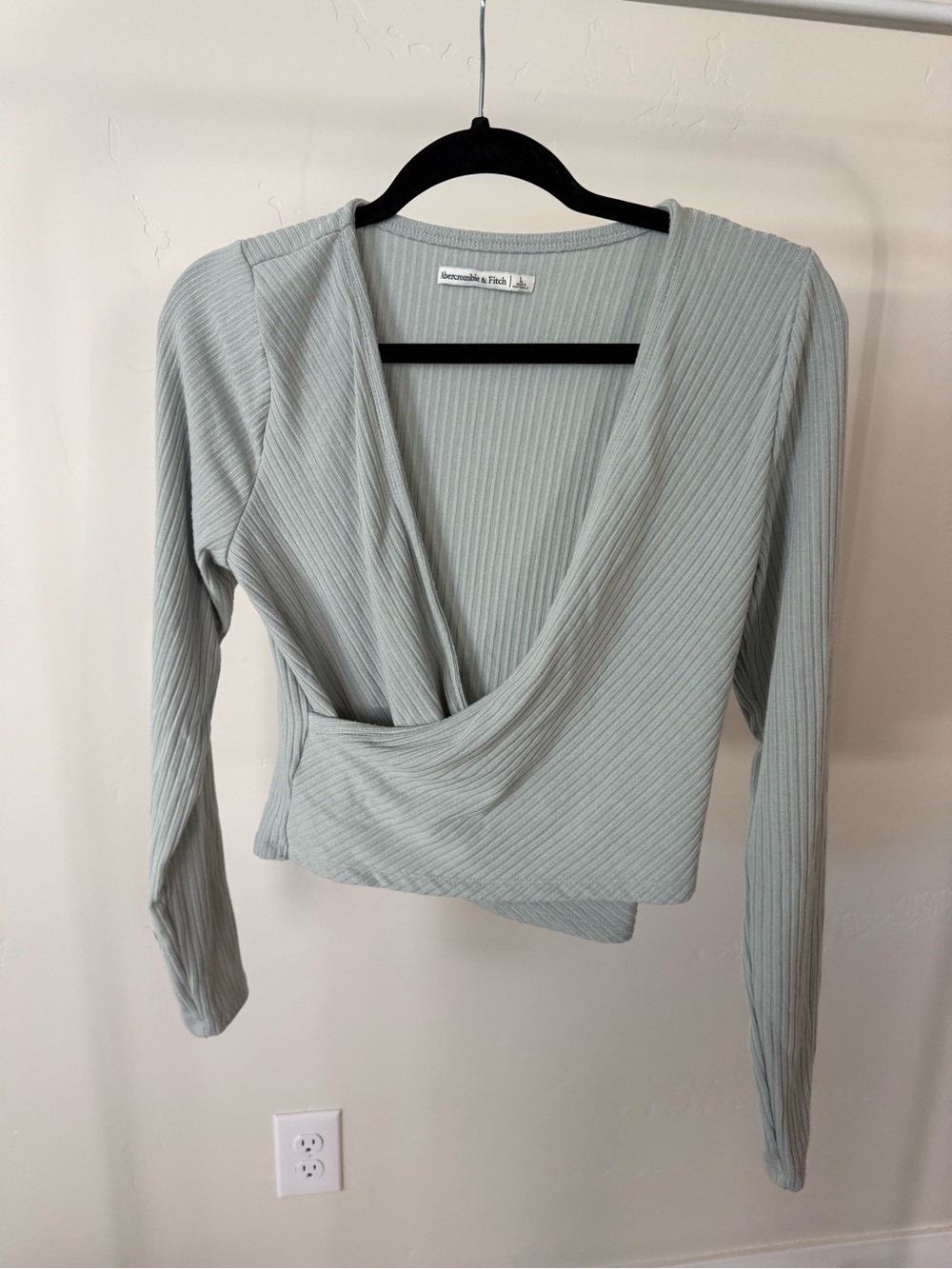 Abercrombie & Fitch Light Sage Ribbed Wrap Long-Sleeve Top